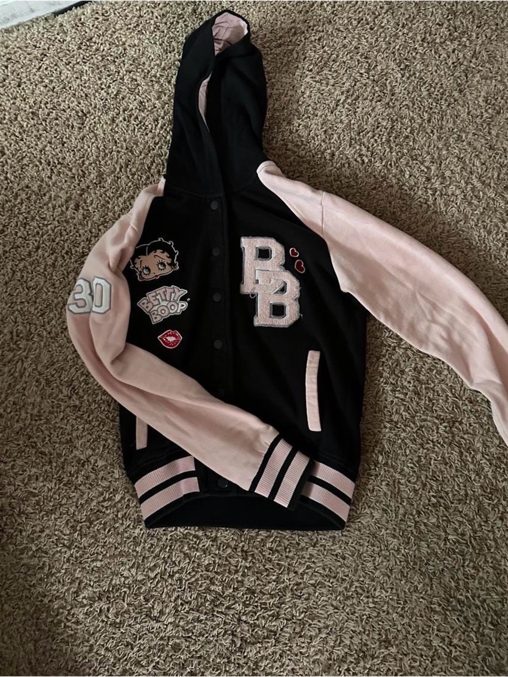 Universal Black & Light Pink Betty Boop Hooded Varsity Jacket